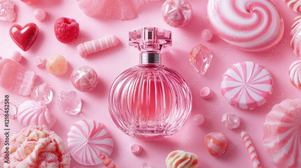 Sweet pink candy and perfume arrangement on a vibrant pink background celebrating femininity and charm