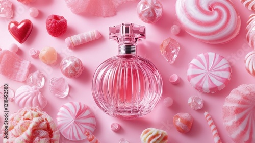 Obraz na płótnie Sweet pink candy and perfume arrangement on a vibrant pink background celebrating femininity and charm w salonie