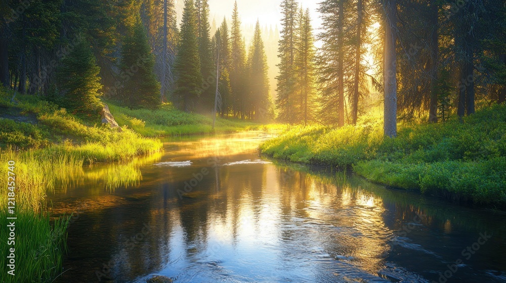 Obraz premium Sunrise over a calm river flowing through a lush evergreen forest.