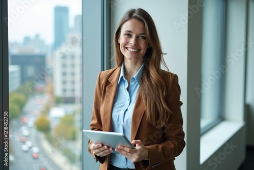 Portrait of happy businesswoman with touchpad in office looking at camera. 
