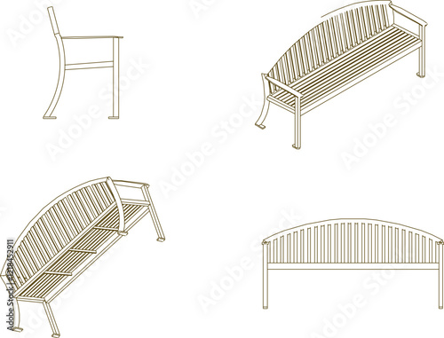 vector illustration design image of a classic vintage city park bench chair seen from various sides.