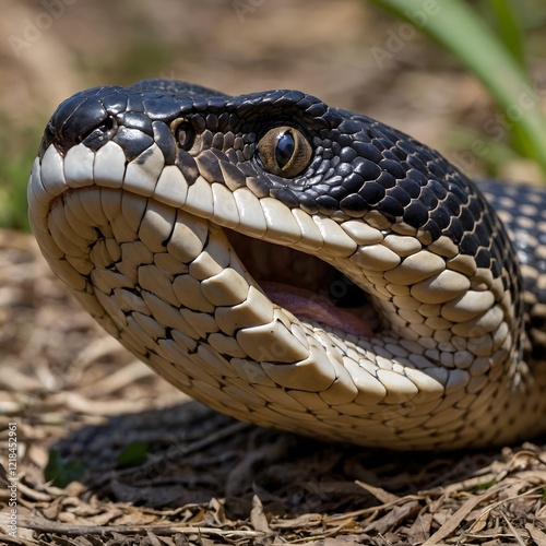 Lycodon Snake Slithering on Tree Branch Surrounded by Lush Greenery and Sunlight photo