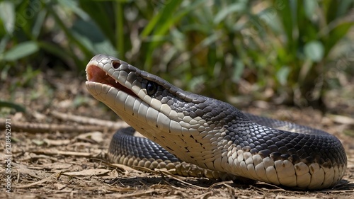 Lycodon Snake Moving Through Lush Greenery on Tree Branch Bathed in Sunlight photo