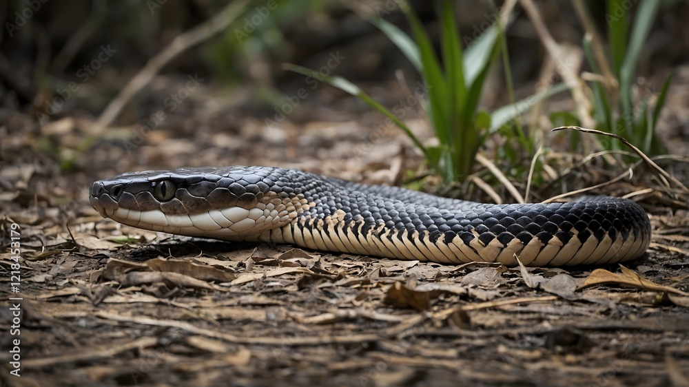 Fototapeta premium Playful Juvenile Lycodon Snake Exploring Its Habitat with Vibrant Colors