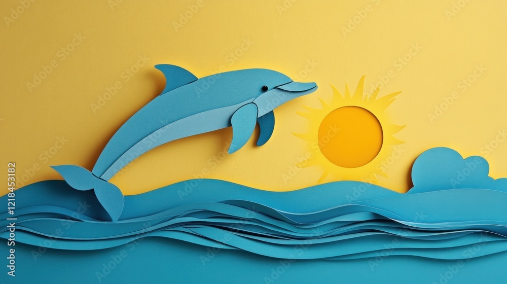 Fototapeta premium Leaping dolphin over ocean waves at sunrise.
