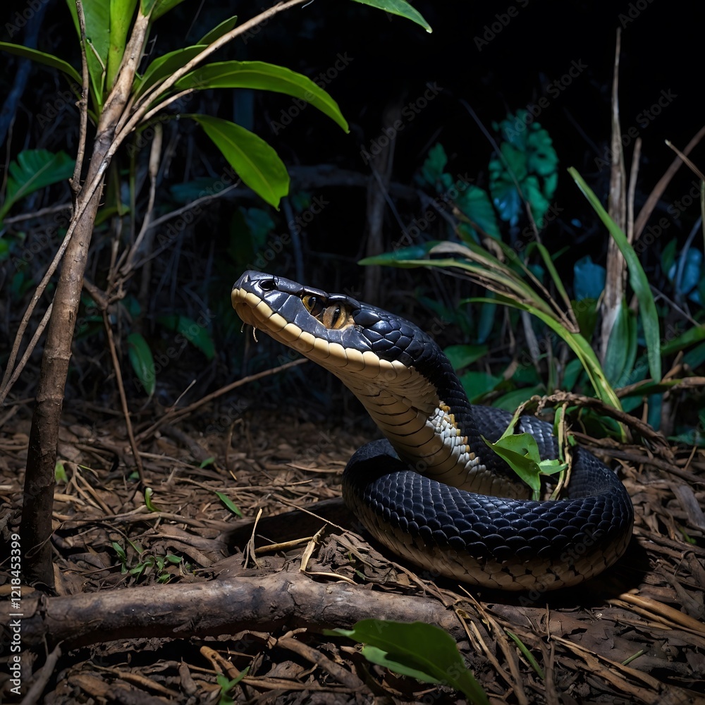 Obraz premium Lycodon Female Protecting Her Nest of Eggs in Secluded Forest Corner Amidst Leaves