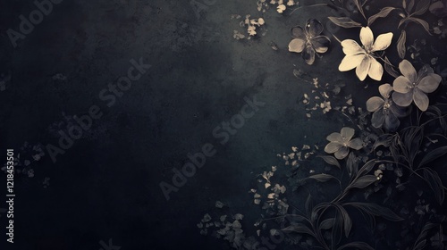 Dark moody background with white flowers and leaves.
