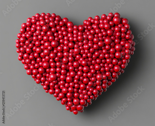 3D red heart made of small spheres, clipart on transparent background