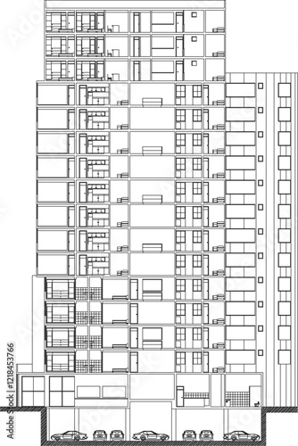 Vector sketch illustration of silhouette design of modern high rise apartment hotel building in big city 