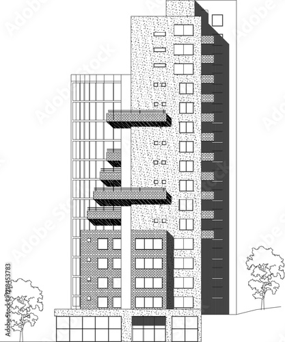 Vector sketch illustration of silhouette design of modern high rise apartment hotel building in big city