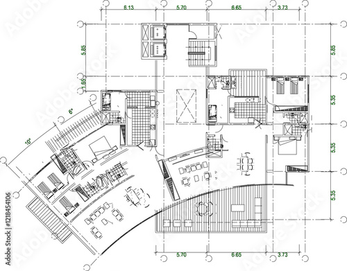 Vector sketch illustration of interior plan design silhouette of modern multi-storey apartment hotel building in big city