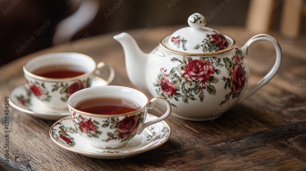 Elegant tea service with floral design on wooden table in cozy setting during afternoon hours. Generative AI Elegant tea service with floral design on wooden table in cozy setting during afternoon hours. Generative AI