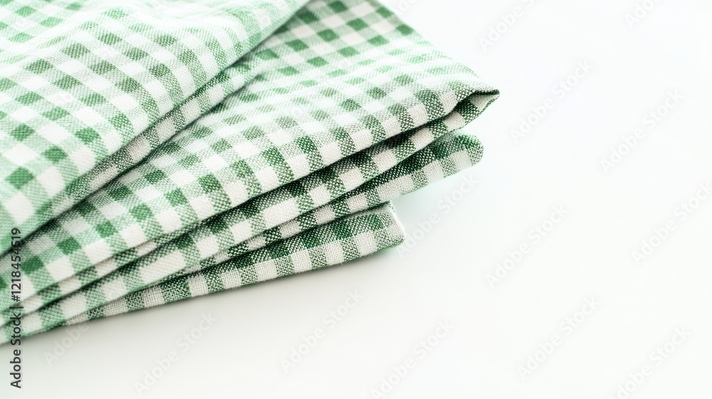 Stack of green gingham napkins on white. Stack of green gingham napkins on white.