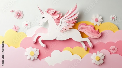 Paper art pegasus unicorn flying over clouds and flowers.
