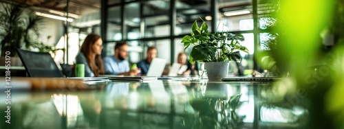 Collaborative Team Meeting in Modern Office Space with Table Plants and Natural Light Enhancing Creativity
