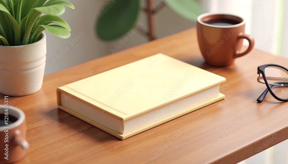 Fototapeta premium Pastel Yellow Notebook on Wooden Desk Coffee Book