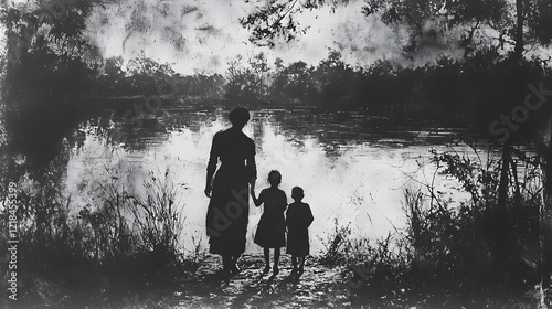 A family taking a stroll along a quiet riverbank, their steps slow and unhurried photo