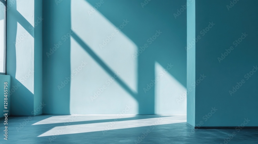 Obraz premium Sunlit minimalist blue room interior.
