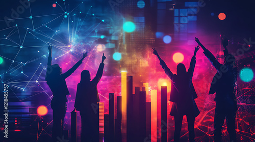 Wallpaper Mural A group of people celebrating a glowing bar chart, symbolizing team goals achieved. (2) Torontodigital.ca