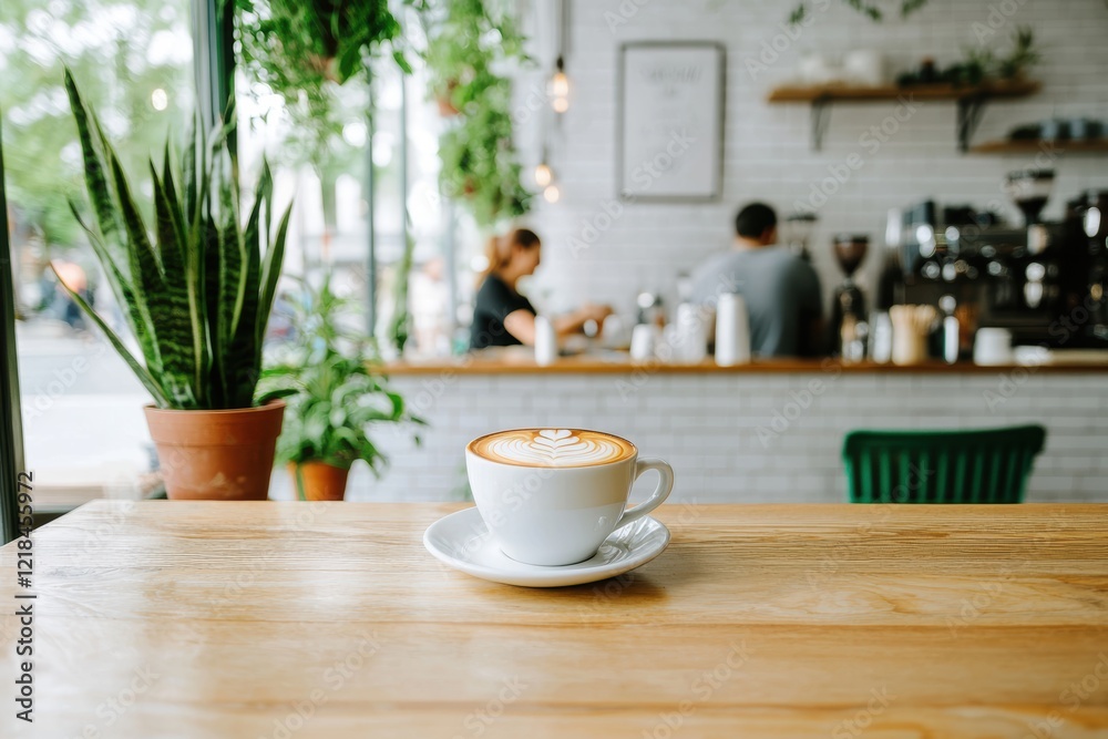 Aromatic Cappuccino on Wooden Table in Cozy Coffee Shop Aromatic Cappuccino on Wooden Table in Cozy Coffee Shop