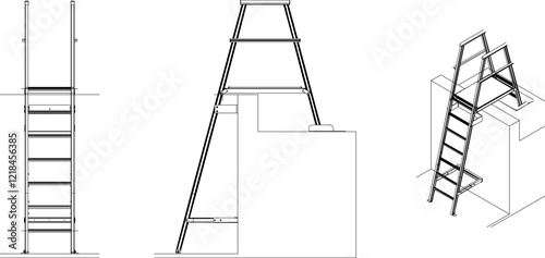 vector illustration design image of folding aluminum iron stairs to climb to the top floor of the house