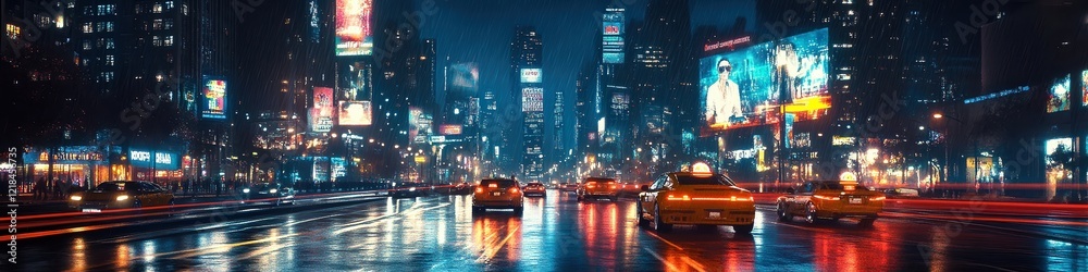 Obraz premium Urban road illuminated by LED streetlights, self-driving cars cruise in designated lanes. Holographic billboards and vibrant city skyline create a futuristic night vibe.
