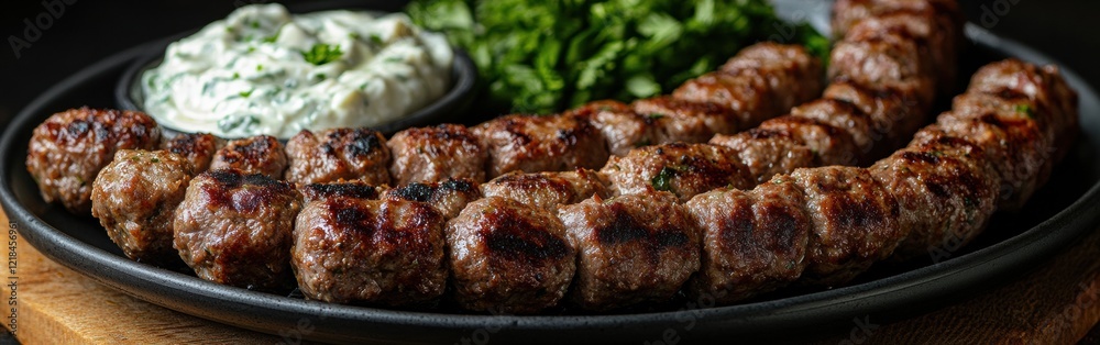 Savory grilled kebabs served with tangy sauce and fresh greens on a dark platter. Generative AI Savory grilled kebabs served with tangy sauce and fresh greens on a dark platter. Generative AI
