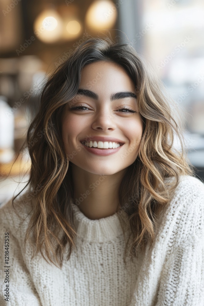 Woman smiling while sitting in a cozy cafe, enjoying coffee and showcasing a joyful expression. Lifestyle, relaxation, and happiness concept in a warm atmosphere. Woman smiling while sitting in a cozy cafe, enjoying coffee and showcasing a joyful expression. Lifestyle, relaxation, and happiness concept in a warm atmosphere.