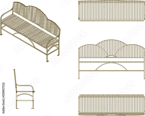 vector illustration design image of a long bench in a city park, seen from various sides