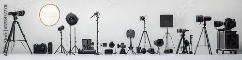  Movie set with microphone boom stand, tripods, and light reflector neatly arranged on white background. Sleek lines and professional gear emphasize cinematic precision. photo