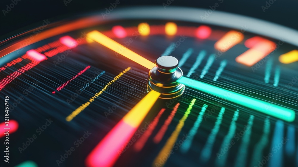 Colorful close-up of speedometer with dynamic lights depicting fast-paced technology and performance metrics Colorful close-up of speedometer with dynamic lights depicting fast-paced technology and performance metrics
