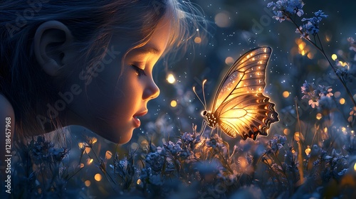 A young girl discovering a glowing butterfly in a quiet meadow at dusk, her face filled with awe