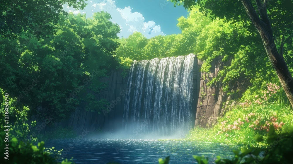 Cascading Serenity: A picturesque waterfall cascades gently into a serene pool, framed by vibrant green foliage under a bright blue sky, creating a tranquil and refreshing natural scene. Cascading Serenity: A picturesque waterfall cascades gently into a serene pool, framed by vibrant green foliage under a bright blue sky, creating a tranquil and refreshing natural scene.