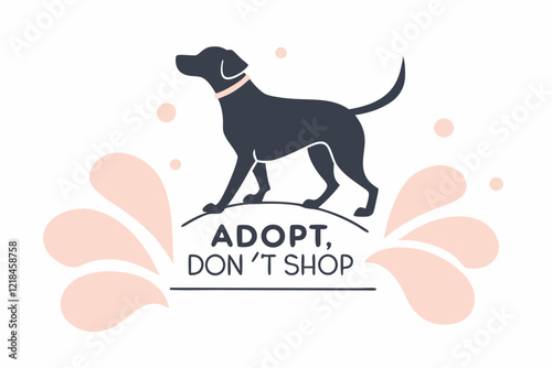 A minimalist design featuring a silhouette of a dog with a wagging tail and the phrase Adopt, Don’t Shop in a modern, clean font