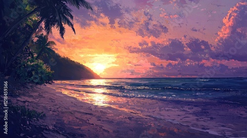 Serene Sunset on Tropical Beach: A Digital Painting