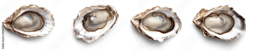 Oyster Quartet: Four fresh oysters arranged in a row, showcasing their pearly interiors and rough, textured shells. A simple, elegant image perfect for culinary or seafood themes. Oyster Quartet: Four fresh oysters arranged in a row, showcasing their pearly interiors and rough, textured shells. A simple, elegant image perfect for culinary or seafood themes.