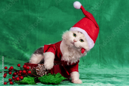 Funny little kitten in a red Santa hat and jacket sits in a gift box on a soft green blanket. Christmas concept