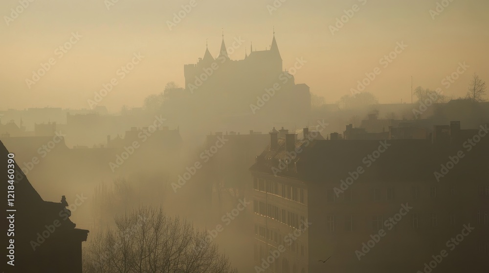 Obraz premium Misty Cityscape: A mysterious castle silhouette emerges from a thick fog, casting a haunting, atmospheric glow over the city below. The scene evokes a sense of mystery and quiet contemplation. 
