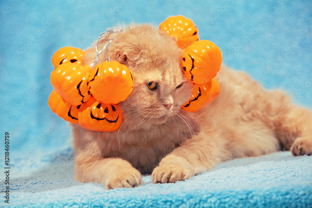 A funny Scottish fold shorthair cat with Halloween garland from artificial pumpkins on the head lying on a blue blanket