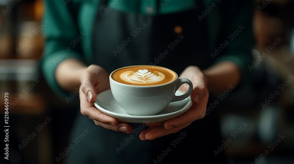 A barista holding out a coffee in a white cup A barista holding out a coffee in a white cup