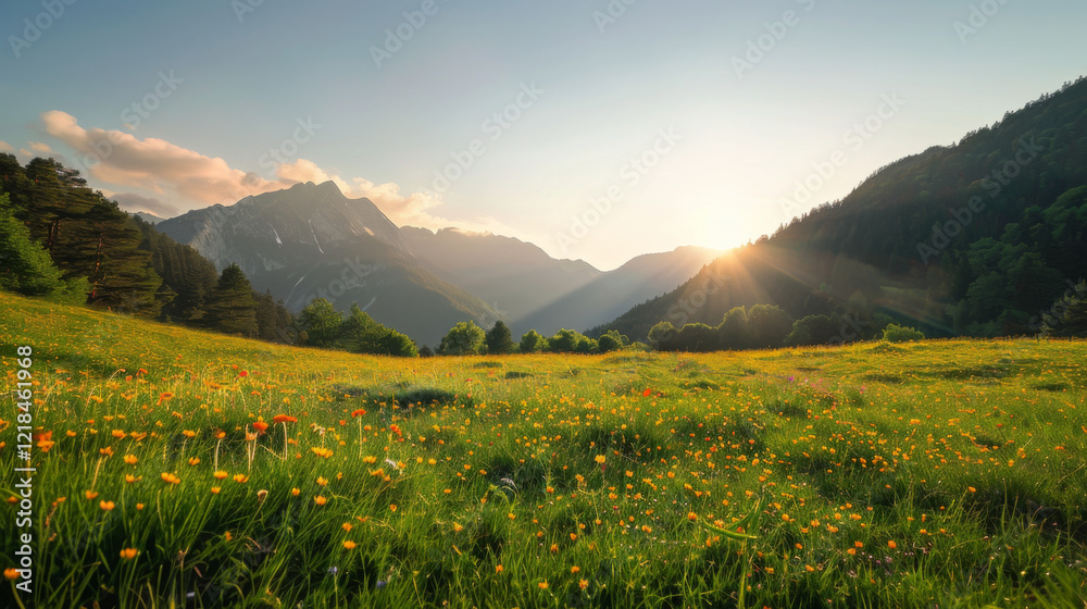 Fototapeta premium Golden Meadow Sunset: Mountain Panorama with Wildflowers and Radiant Light