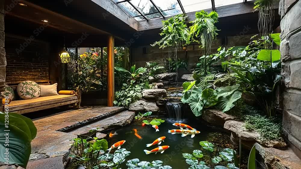 Indoor Japanese-style garden with koi pond, waterfall, and seating area.