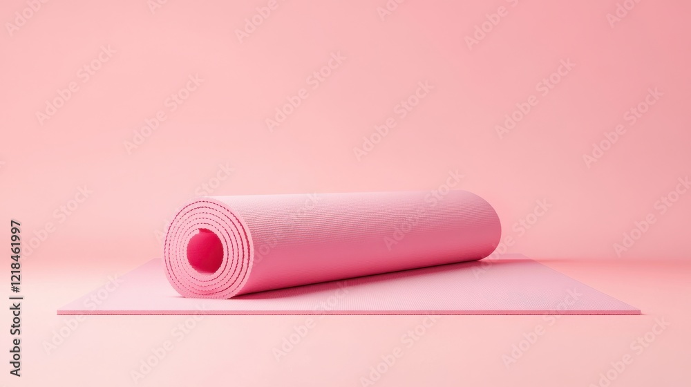 Rolled pink yoga mat resting on a soft pink surface, creating a serene and calming environment for practice Rolled pink yoga mat resting on a soft pink surface, creating a serene and calming environment for practice