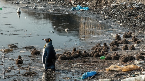 King Penguin and Chicks Amidst Pollution: A lone king penguin stands watch over its chicks amidst a heartbreaking scene of environmental pollution. photo