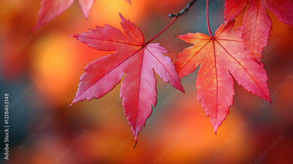 A close-up of maple leaves turning brilliant shades of red during fall foliage season A close-up of maple leaves turning brilliant shades of red during fall foliage season