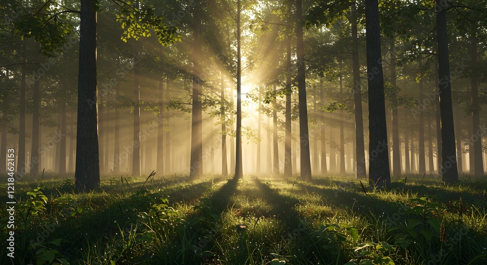 “Ultra-realistic image of a peaceful urban forest at dawn, with soft, golden morning sunlight filtering through tall green trees, casting long shadows on the forest floor. The scene should capture a c “Ultra-realistic image of a peaceful urban forest at dawn, with soft, golden morning sunlight filtering through tall green trees, casting long shadows on the forest floor. The scene should capture a c