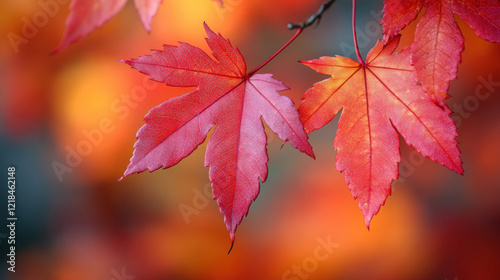 A close-up of maple leaves turning brilliant shades of red during fall foliage season