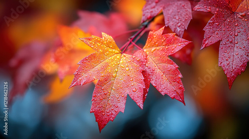 A close-up of maple leaves turning brilliant shades of red during fall foliage season