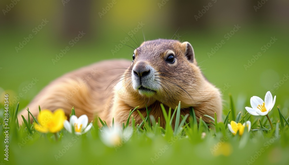 Close-Up of a Prairie Groundhog Among Flowers in a Lush Meadow on Groundhog Day Close-Up of a Prairie Groundhog Among Flowers in a Lush Meadow on Groundhog Day