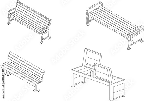 vector illustration design engineering drawing of a long bench chair in a city park
